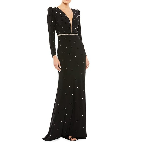 Mac Duggal Ieena Black Belted Embellished Plunge Long Sleeve Column Gown 8